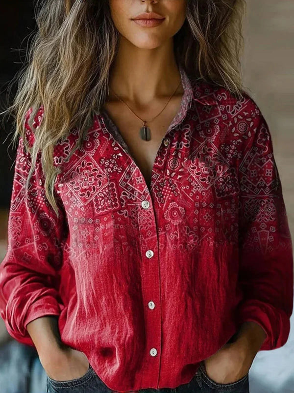 Vintage Floral Print Long Sleeve Button-Down Shirt
