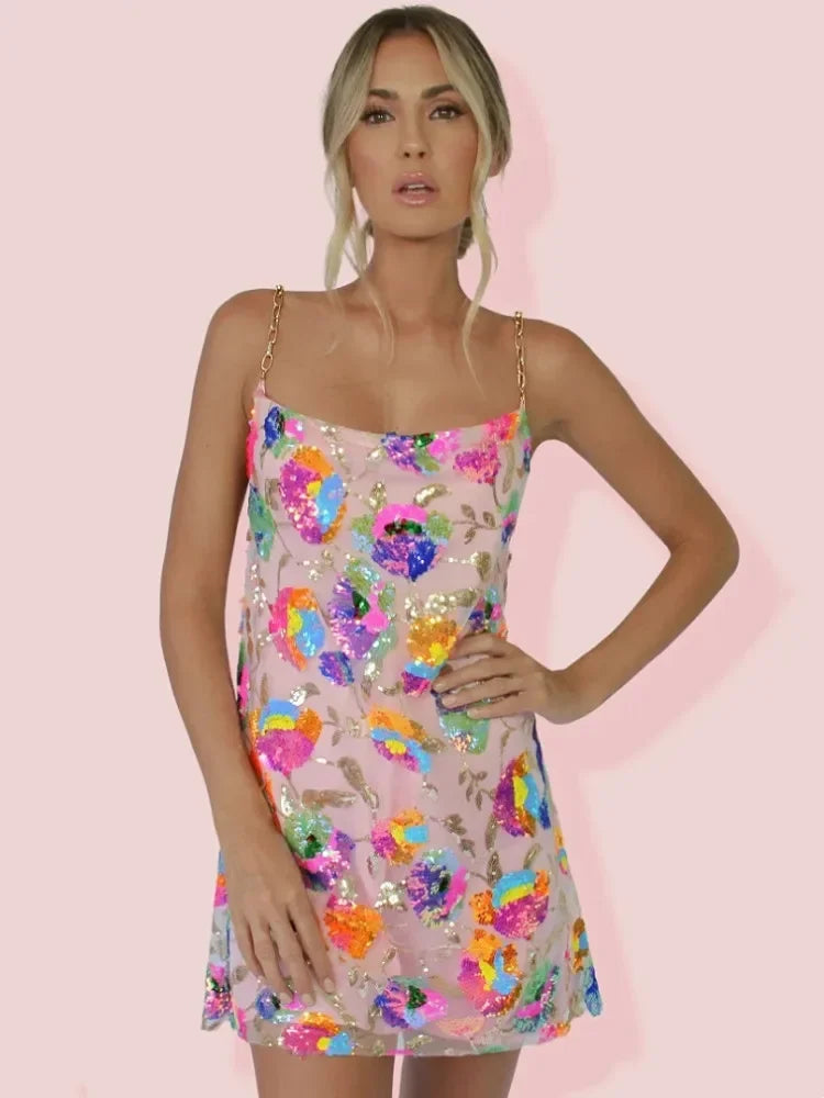 Chain Strap Backless Floral Slip Mini Dress