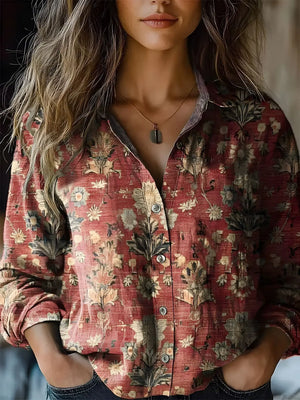 Vintage Floral Print Long Sleeve Button-Down Shirt