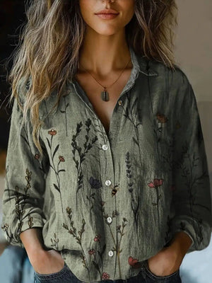 Vintage Floral Print Long Sleeve Button-Down Shirt