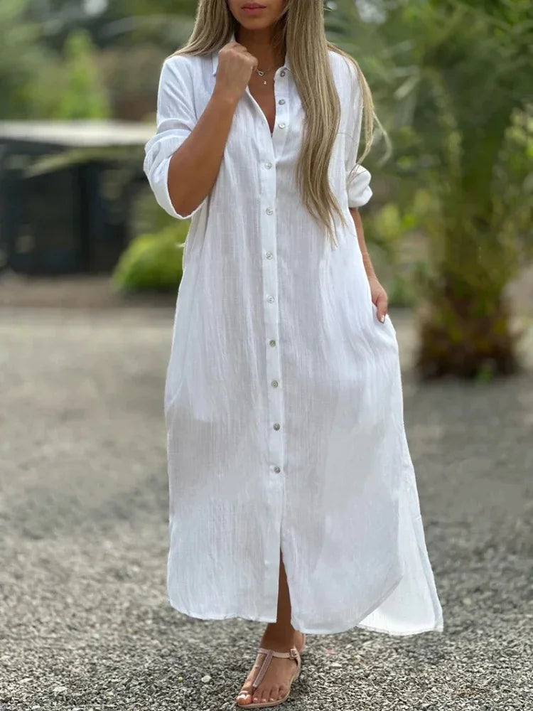 Long Sleeve Collared Button-Down Maxi Shirt Dress