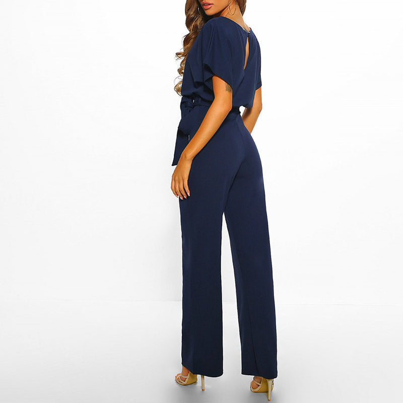 Belted Short Sleeve Wide Leg Jumpsuit