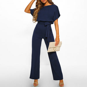 Belted Short Sleeve Wide Leg Jumpsuit