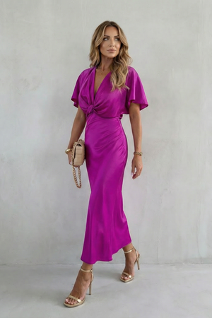Knot Waist Elegance Satin Midi Dress