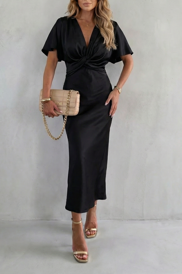 Knot Waist Elegance Satin Midi Dress