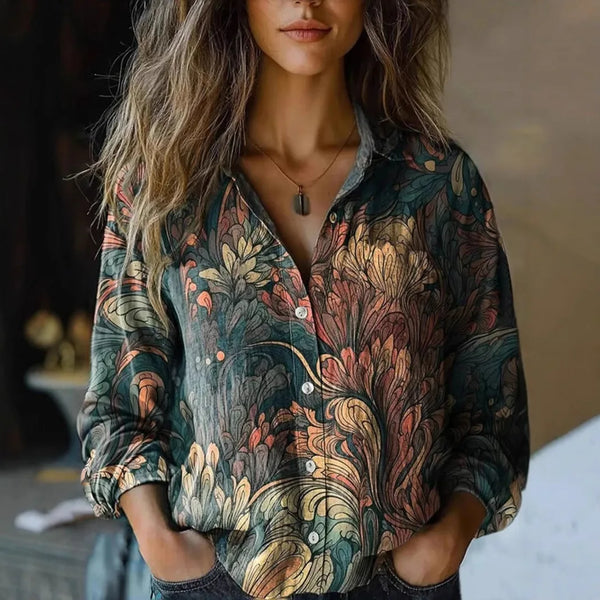 Vintage Floral Print Long Sleeve Button-Down Shirt