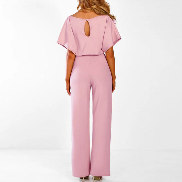 Belted Short Sleeve Wide Leg Jumpsuit