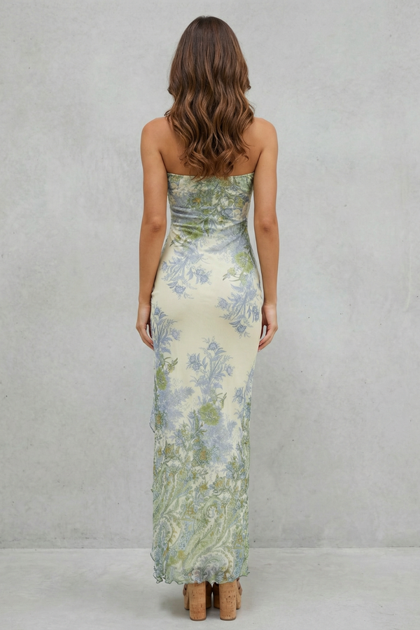 Botanical Lace Strapless Slit Maxi Dress