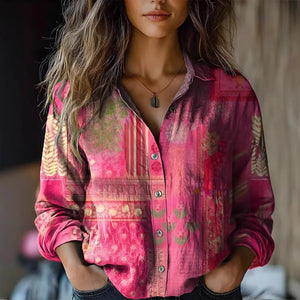 Vintage Floral Print Long Sleeve Button-Down Shirt