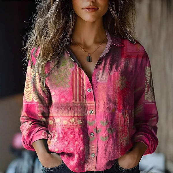 Vintage Floral Print Long Sleeve Button-Down Shirt
