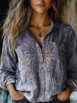 Vintage Floral Print Long Sleeve Button-Down Shirt