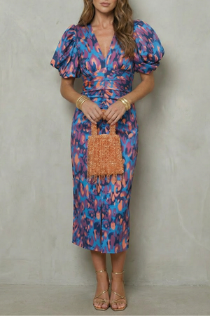 Bold Abstract Puff Sleeve Midi Dress