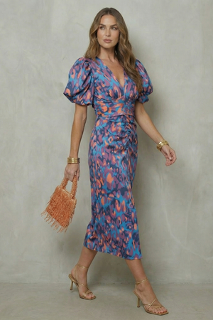 Bold Abstract Puff Sleeve Midi Dress