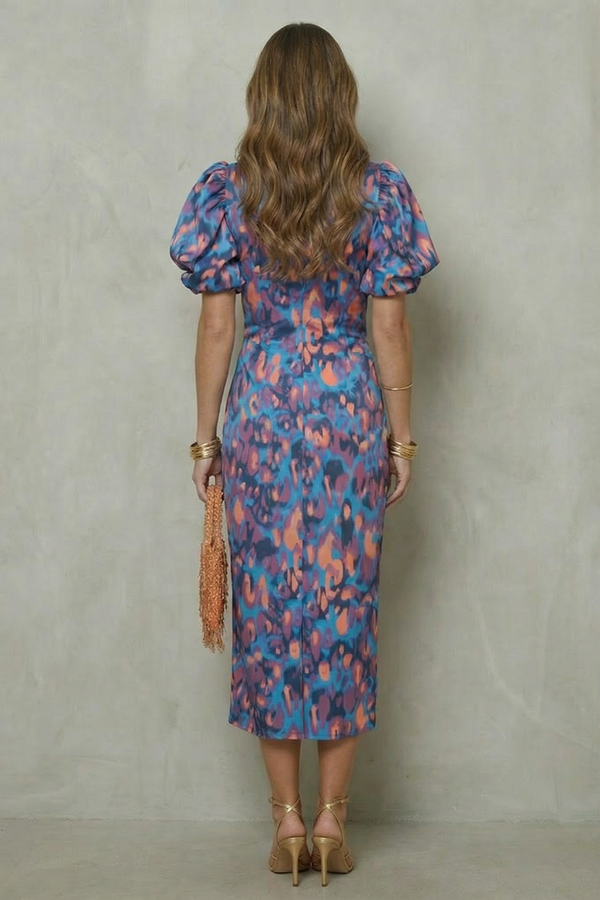 Bold Abstract Puff Sleeve Midi Dress