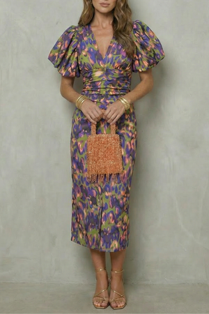 Bold Abstract Puff Sleeve Midi Dress