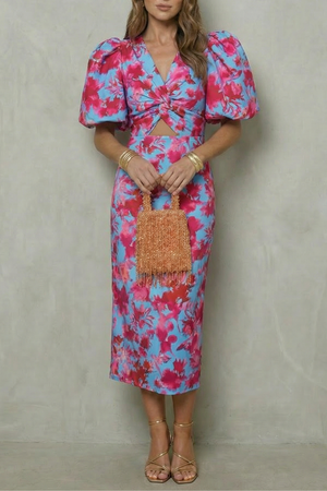 Bold Abstract Puff Sleeve Midi Dress