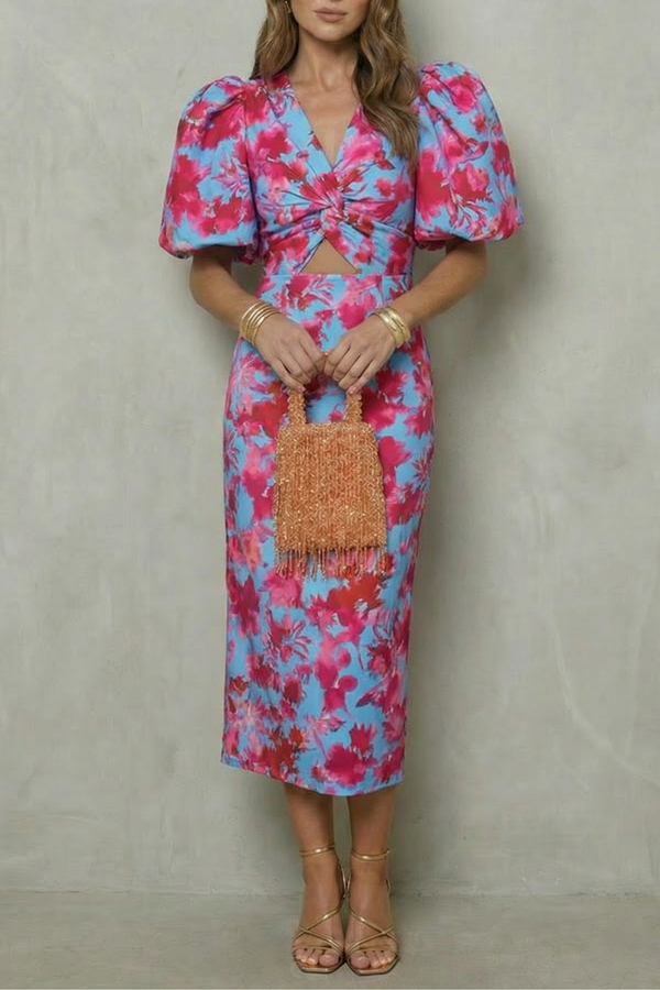 Bold Abstract Puff Sleeve Midi Dress
