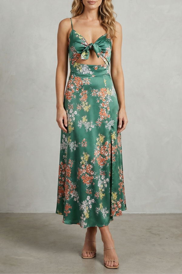 Satin Floral Allure Midi Dress