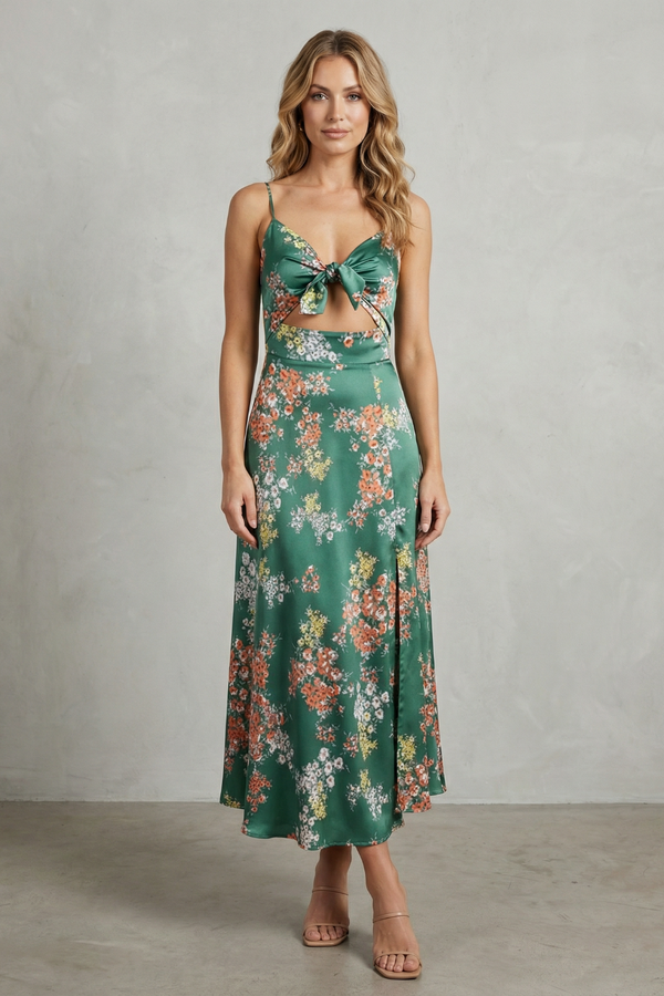 Satin Floral Allure Midi Dress