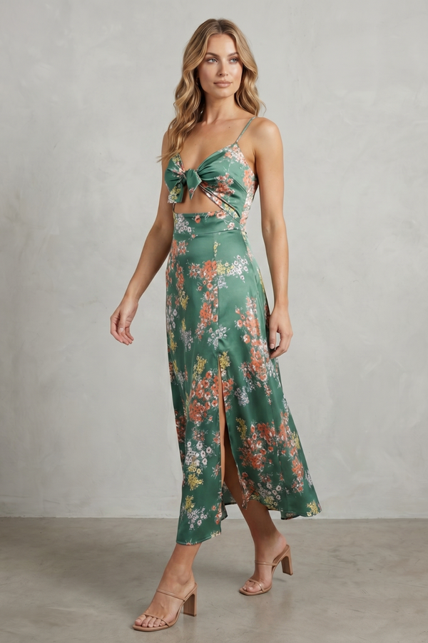 Satin Floral Allure Midi Dress