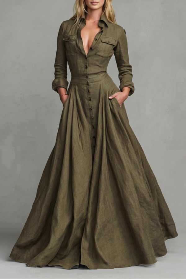 Long-Sleeved Collared Maxi Dress