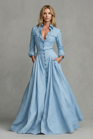 Long-Sleeved Collared Maxi Dress