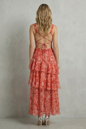 Crimson Blossom Tiered Chiffon Maxi Dress