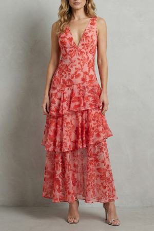 Crimson Blossom Tiered Chiffon Maxi Dress