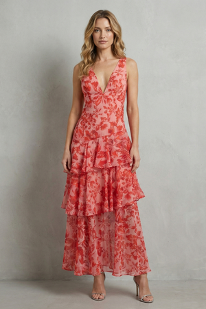 Crimson Blossom Tiered Chiffon Maxi Dress