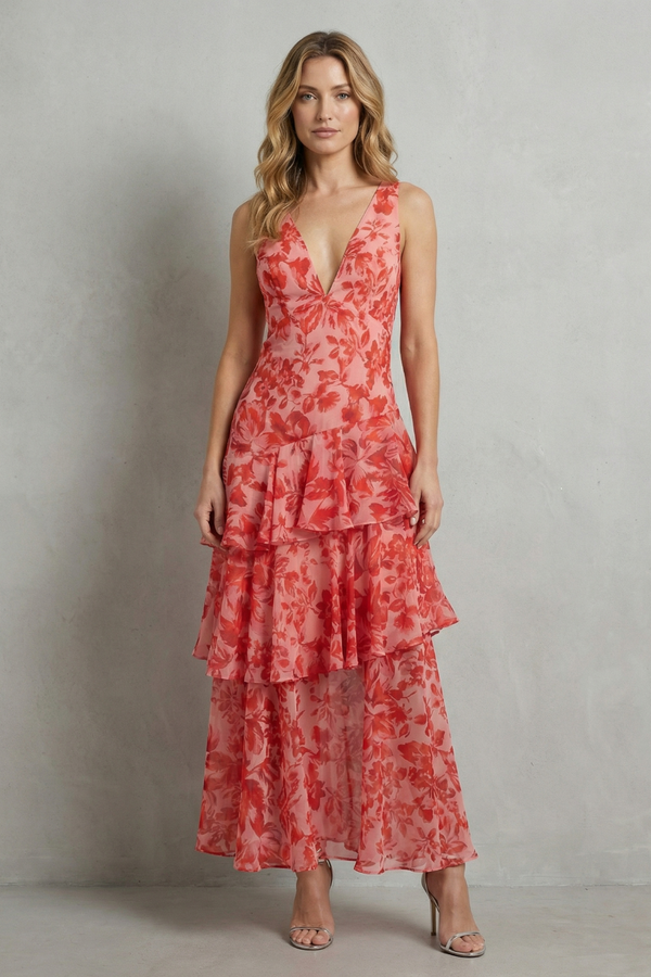 Crimson Blossom Tiered Chiffon Maxi Dress