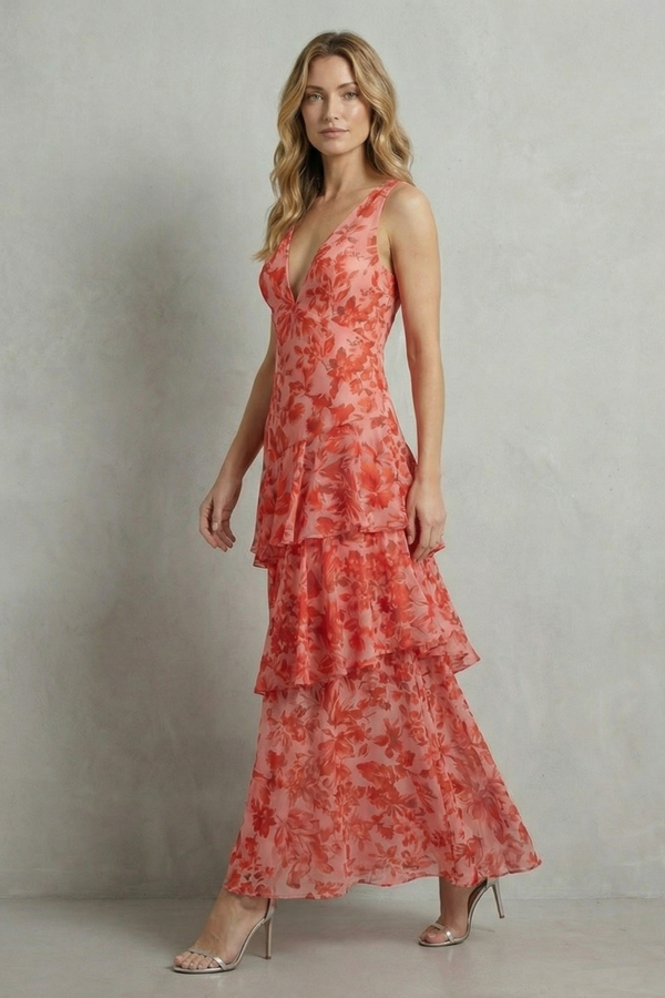 Crimson Blossom Tiered Chiffon Maxi Dress