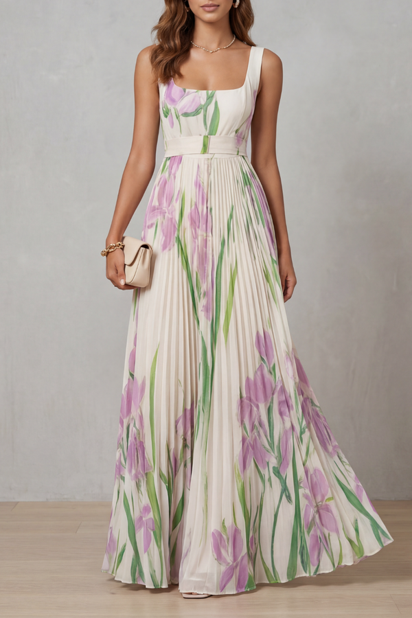 Watercolour Floral Pleated Maxi Dress