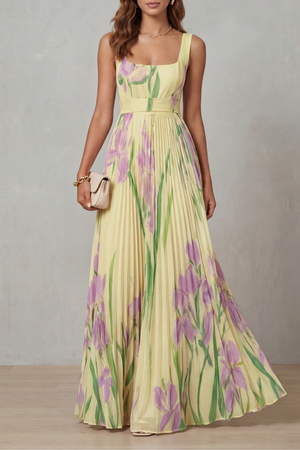 Watercolour Floral Pleated Maxi Dress
