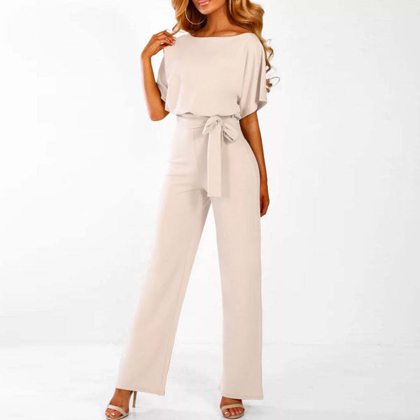 Belted Short Sleeve Wide Leg Jumpsuit