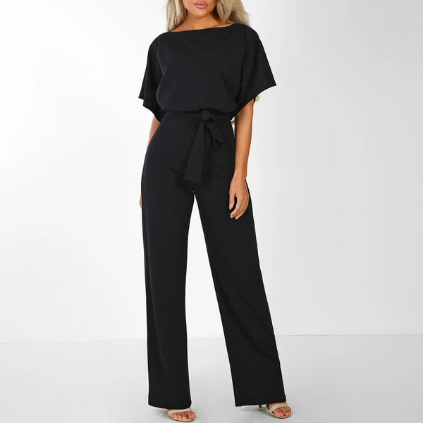 Belted Short Sleeve Wide Leg Jumpsuit