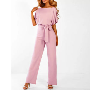 Belted Short Sleeve Wide Leg Jumpsuit