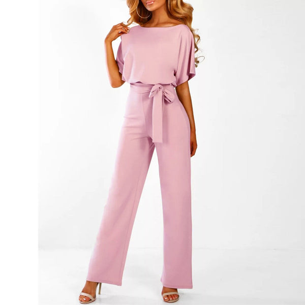 Belted Short Sleeve Wide Leg Jumpsuit