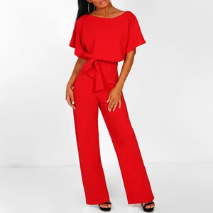 Belted Short Sleeve Wide Leg Jumpsuit