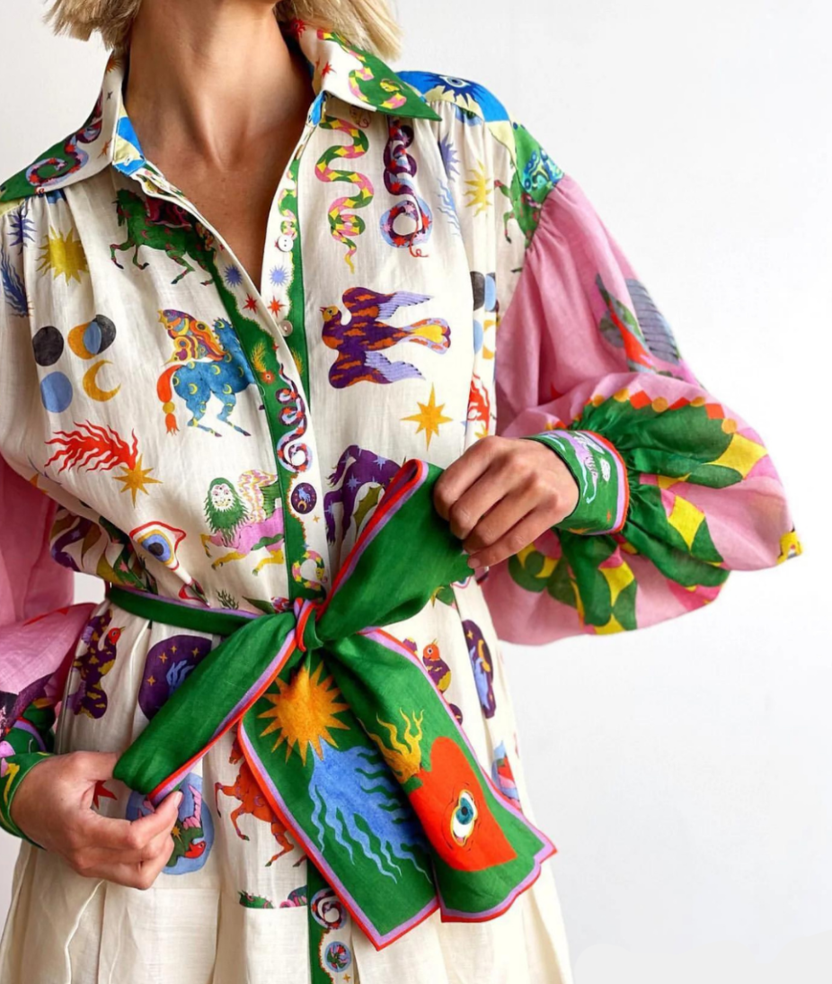 Long Sleeve Bishop Sleeve Printed Shirtdress Maxi Dress