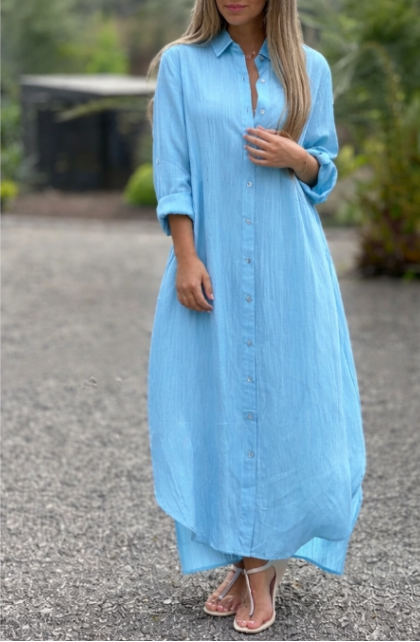 Long Sleeve Collared Button-Down Maxi Shirt Dress
