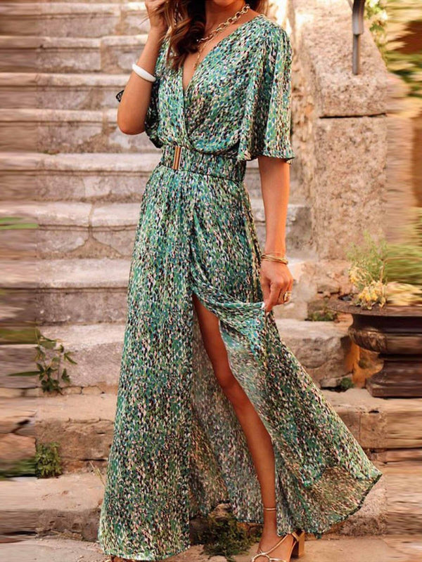 High Slit Belted V-Neck Wrap Short Sleeve Maxi Dress