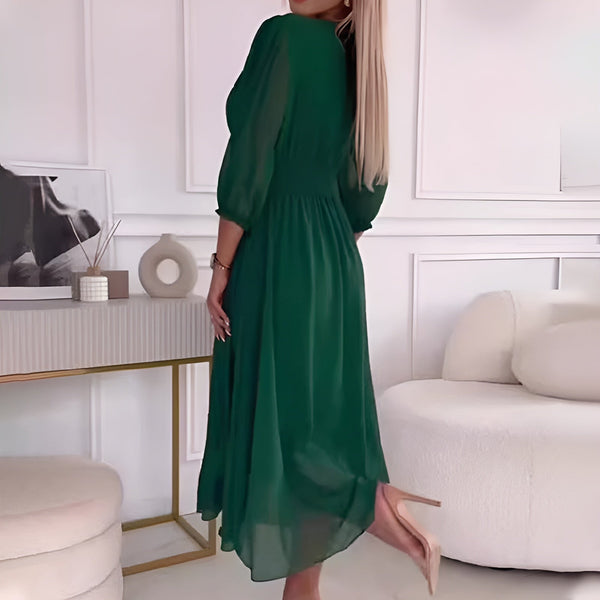 3/4 Sleeve V-Neck A-Line Wrap Midi Dress