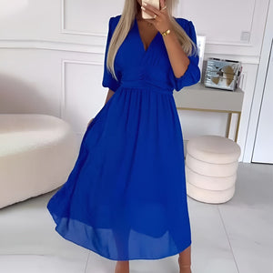 3/4 Sleeve V-Neck A-Line Wrap Midi Dress