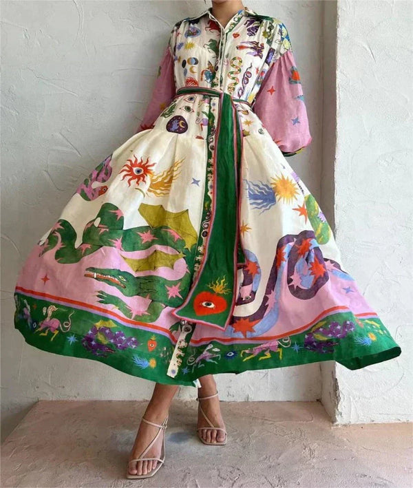 Long Sleeve Bishop Sleeve Printed Shirtdress Maxi Dress