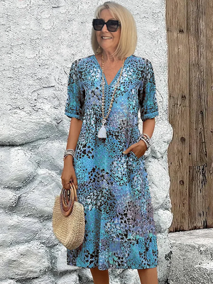 Printed V-Neck A-Line Midi Dress