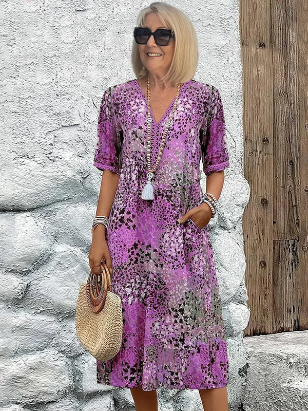 Printed V-Neck A-Line Midi Dress