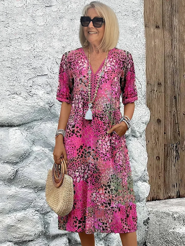 Printed V-Neck A-Line Midi Dress