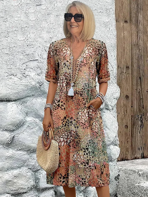 Printed V-Neck A-Line Midi Dress