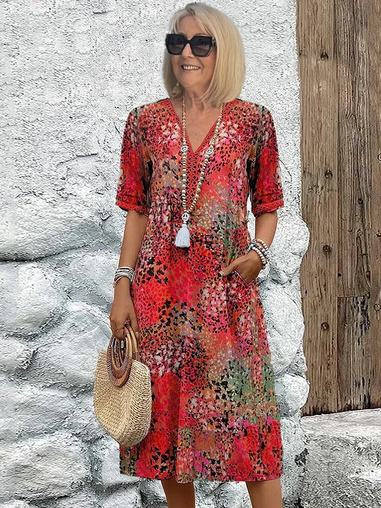 Printed V-Neck A-Line Midi Dress