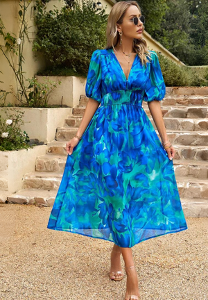 V-Neck Floral A-Line Midi Dress